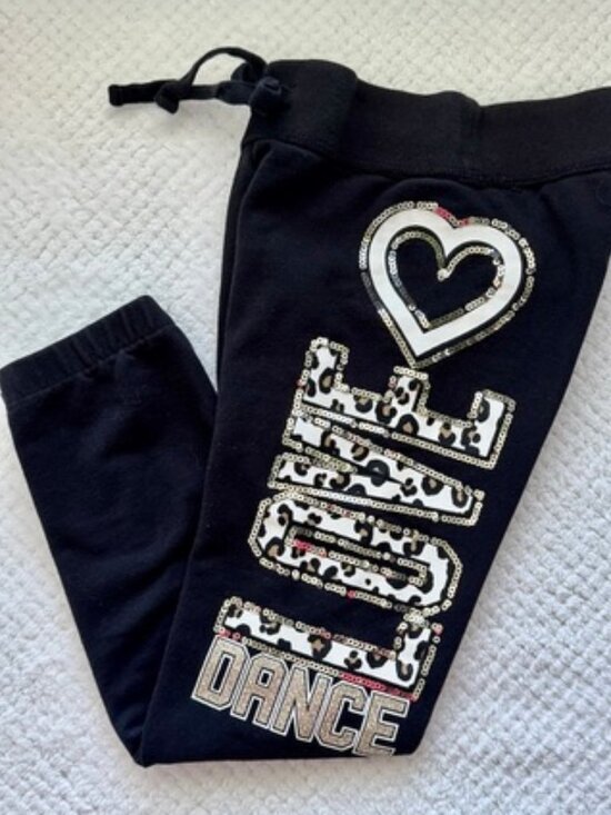 Justice Other - Justice LOVE DANCE Joggers Girls 6 Black Sequins Leopard Glitter Glam Tie Waist